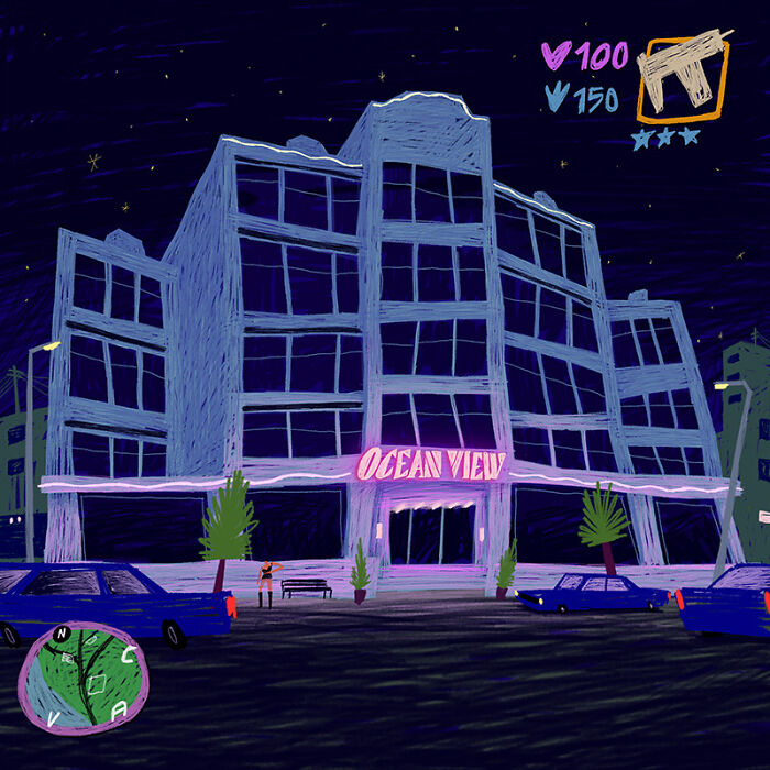 Nostalgic painting of the Ocean View hotel at night, capturing the GTA golden era vibe with pixelated cars.