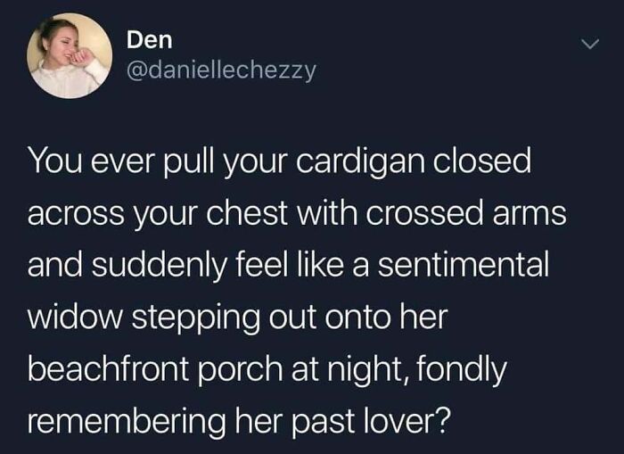 A Twitter post with funny internet comments about wearing a cardigan and feeling like a sentimental widow