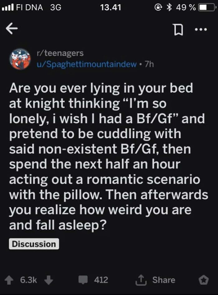 A Reddit post from r/teenagers about cuddling a pillow, illustrating internet comments