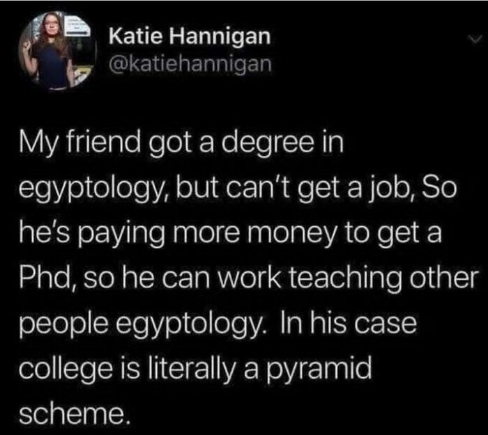 A funny tweet about college and a pyramid scheme, showcasing witty internet comments.