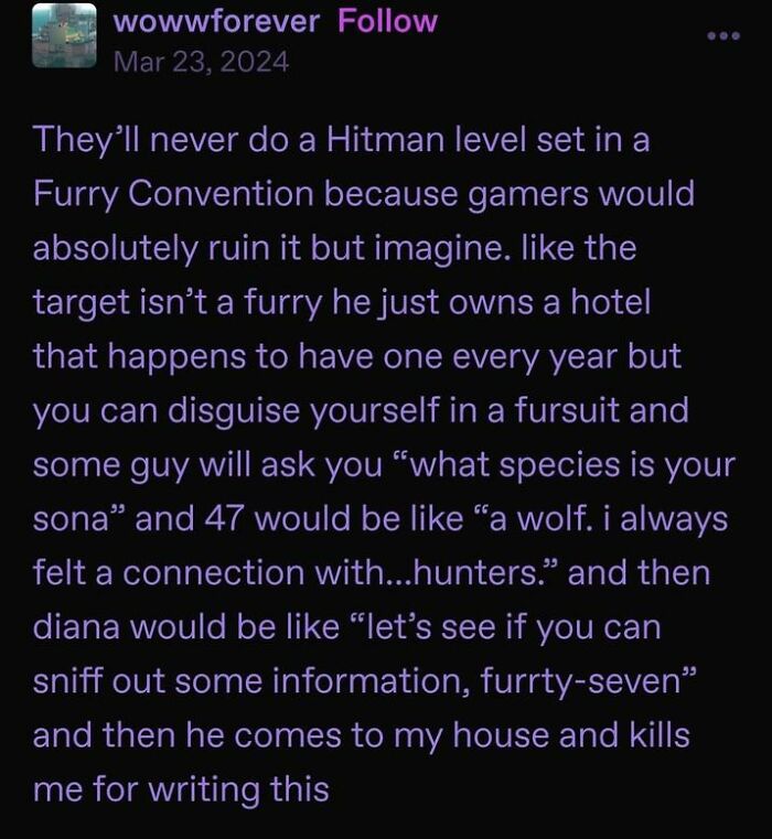 A social media post on internet comments detailing a hypothetical Hitman video game level set at a furry convention.