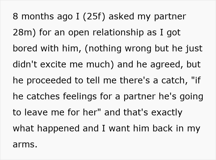Reddit post screenshot detailing how a boyfriend agreed to an open relationship with a catch. Reddit post screenshot detailing how a boyfriend agreed to an open relationship with a catch.