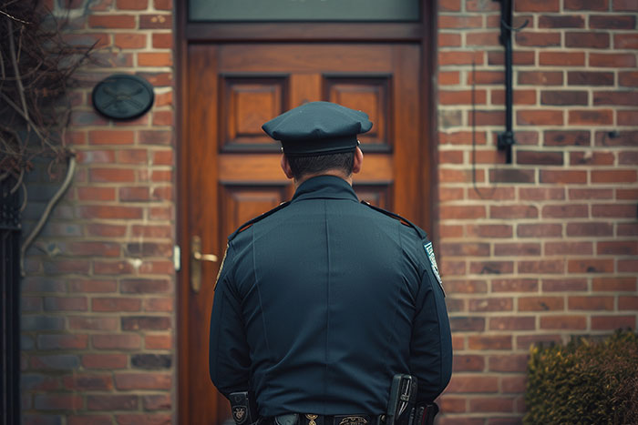 A police officer standing at a front door, relating to legal actions after an open relationship goes wrong. A police officer standing at a front door, relating to legal actions after an open relationship goes wrong.