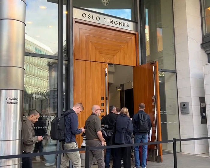 The entrance to Oslo Tinghus, where the son of Norway's Crown has a crucial role in a royal funeral.