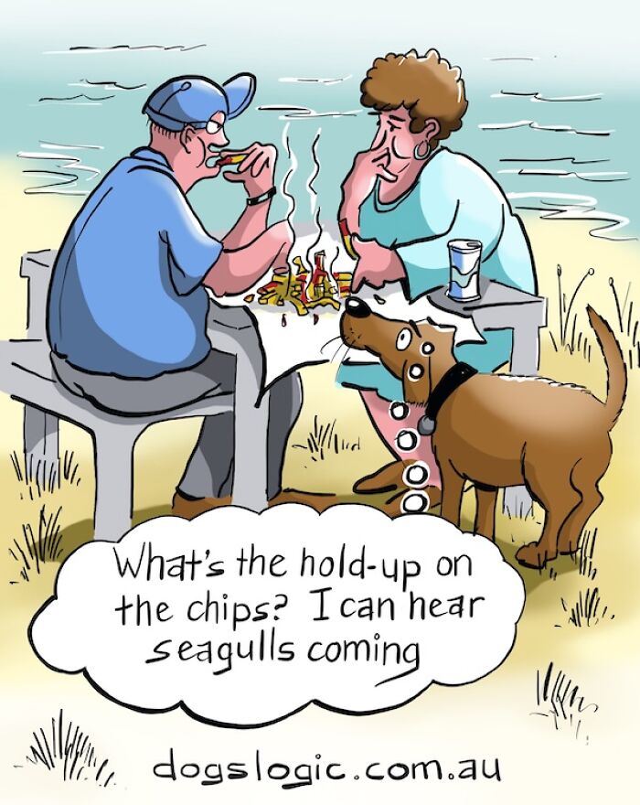A Dog Logic comic with a dog waiting for chips at the beach, hoping to beat the seagulls.