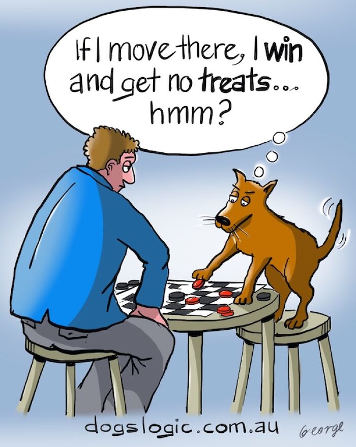 Dog logic comic showing a clever dog playing checkers with its owner, thinking about treats.