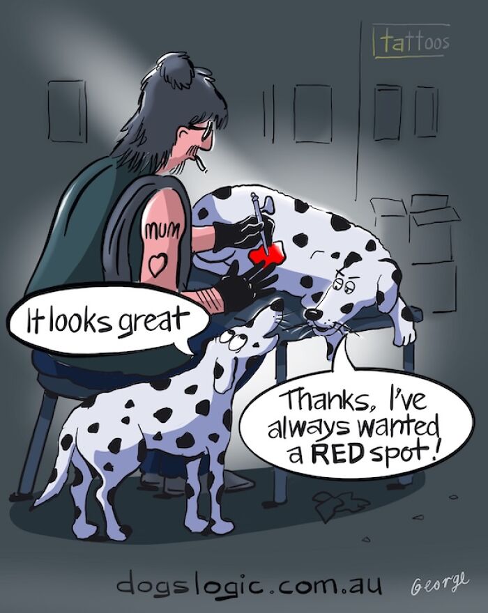 A dalmatian getting a red spot tattoo in a funny dog logic cartoon.