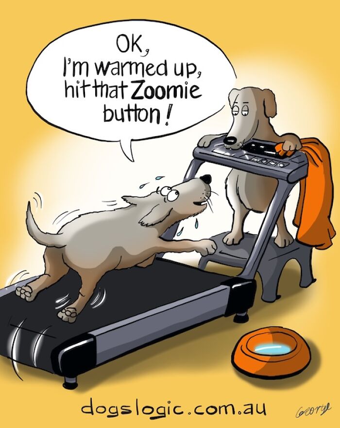 Dog logic comic of a pup running fast on a treadmill, asking a friend to hit the zoomie button.