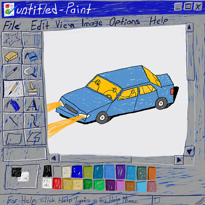 Nostalgic painting of a blue car drawn in the early Apple Paint program, reminiscent of the golden era.