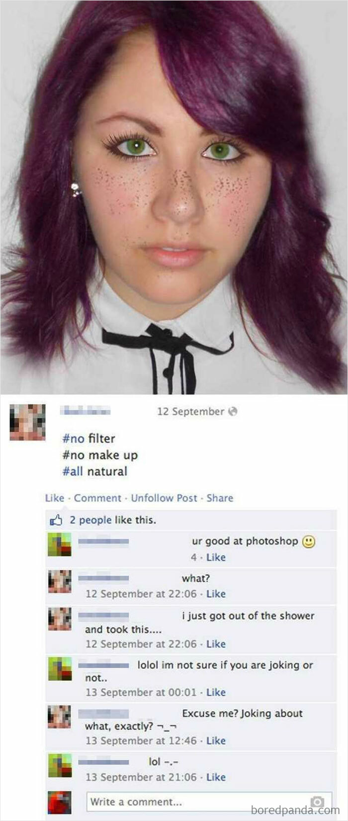 A social media post with a girl claiming no filter, no makeup, but it is clear she lied on social media.
