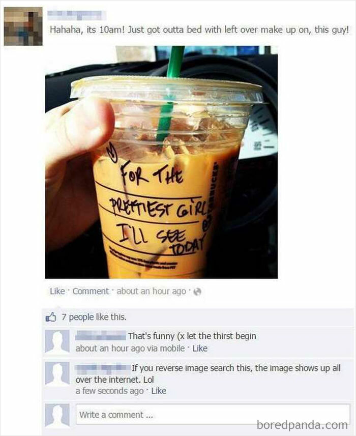 A social media post with a Starbucks cup for the prettiest girl, revealed as a lie by reverse image search.