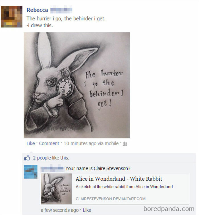A social media post where someone lies about drawing a White Rabbit from Alice in Wonderland.