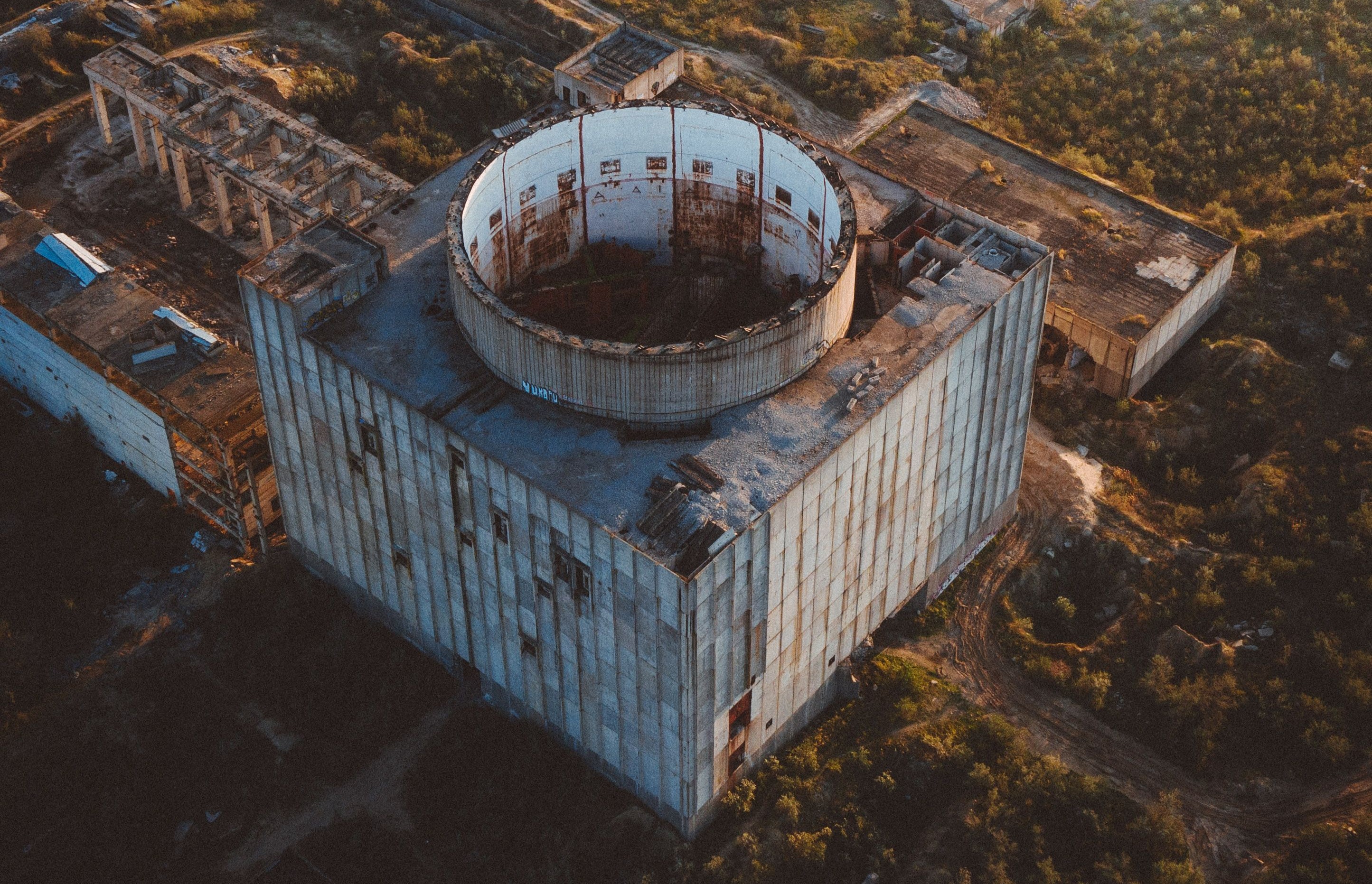 Top view of abandoned concrete nuclear facility