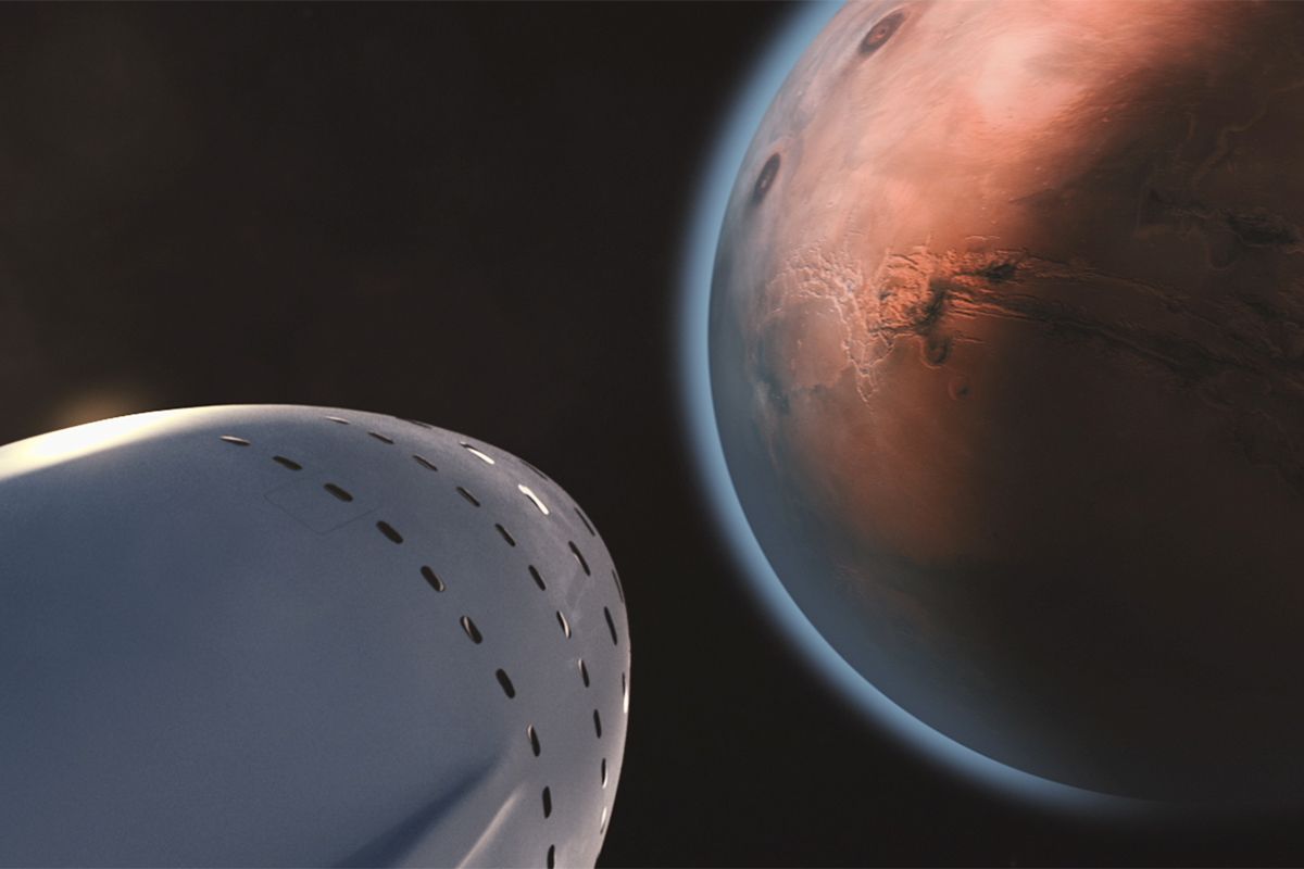 Spacecraft approaching Mars planet