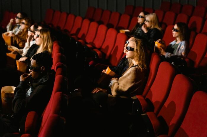 People watching a movie in a dark cinema, a simple joy that mainstream audiences no longer appreciate.