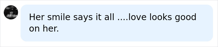 A comment bubble stating, Her smile says it all ....love looks good on her, regarding Katie Holmes and her new boyfriend. A comment bubble stating, Her smile says it all ....love looks good on her, regarding Katie Holmes and her new boyfriend.