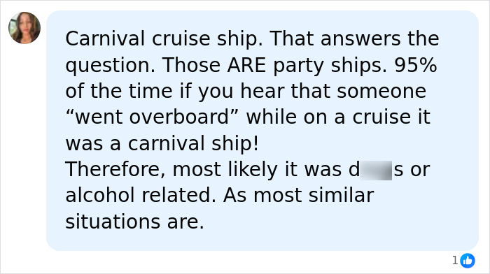 Social media user comment speculating on safety after a dad jumped off a Carnival cruise ship. Social media user comment speculating on safety after a dad jumped off a Carnival cruise ship.