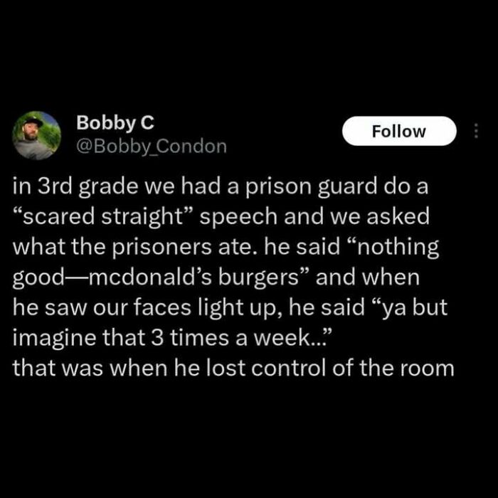Edgy and hilarious memes screenshot of a Twitter post about a prison guard losing control of the room