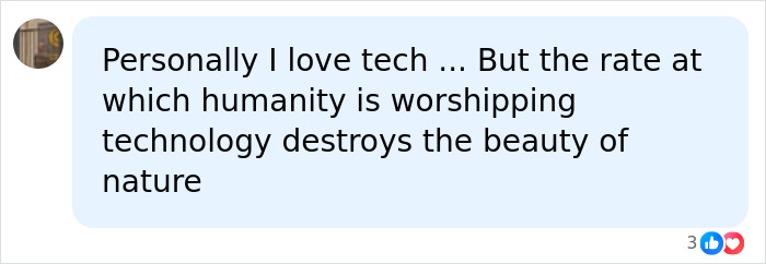 A social media comment discussing technology's impact on nature, relating to Stephen Hawking's AI warning. A social media comment discussing technology's impact on nature, relating to Stephen Hawking's AI warning.