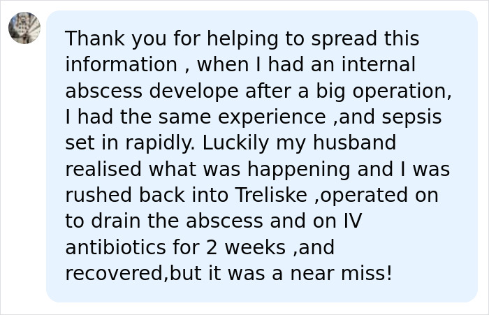Social media comment sharing a near-miss with sepsis symptoms after an operation, highlighting early recognition.