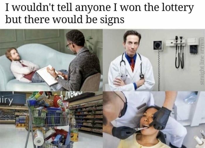 Four panels depicting expensive medical and dental care as hilarious memes about winning the lottery