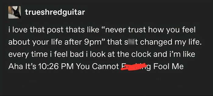 Edgy and hilarious memes screenshot of a social media post about late-night thoughts after 9pm.