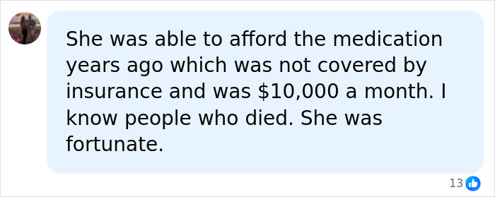 A social media comment about expensive medication for a harrowing health battle, revealing details of cost. A social media comment about expensive medication for a harrowing health battle, revealing details of cost.