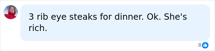A social media comment about the cost of a meat-only diet, mentioning 3 rib eye steaks for dinner. A social media comment about the cost of a meat-only diet, mentioning 3 rib eye steaks for dinner.