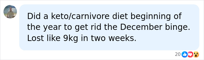 Social media comment about a keto/carnivore meat-only diet resulting in 9kg weight loss in two weeks. Social media comment about a keto/carnivore meat-only diet resulting in 9kg weight loss in two weeks.