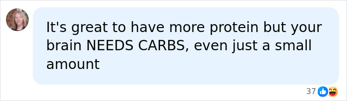 A social media comment emphasizing the brain's need for carbs, even a small amount, in a meat-only diet. A social media comment emphasizing the brain's need for carbs, even a small amount, in a meat-only diet.