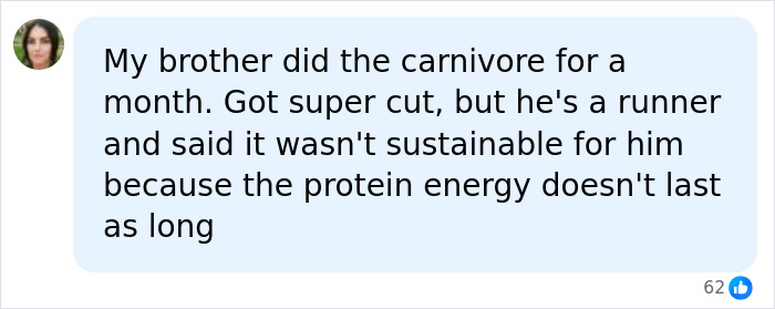 A social media comment discussing the unsustainability of a meat-only diet for a runner due to protein energy. A social media comment discussing the unsustainability of a meat-only diet for a runner due to protein energy.