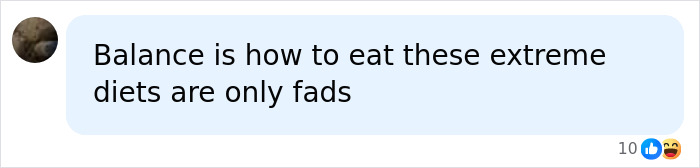 Social media comment stating that extreme meat-only diets are fads and balance is key. Social media comment stating that extreme meat-only diets are fads and balance is key.