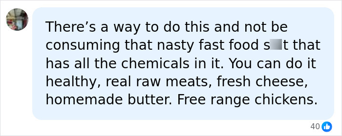 A social media comment suggesting a healthy meat-only diet with raw meats, cheese, butter, and free-range chickens. A social media comment suggesting a healthy meat-only diet with raw meats, cheese, butter, and free-range chickens.