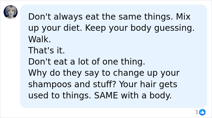 A detailed social media comment advocating for varied diets to keep your body guessing, contrasting a meat-only diet. A detailed social media comment advocating for varied diets to keep your body guessing, contrasting a meat-only diet.