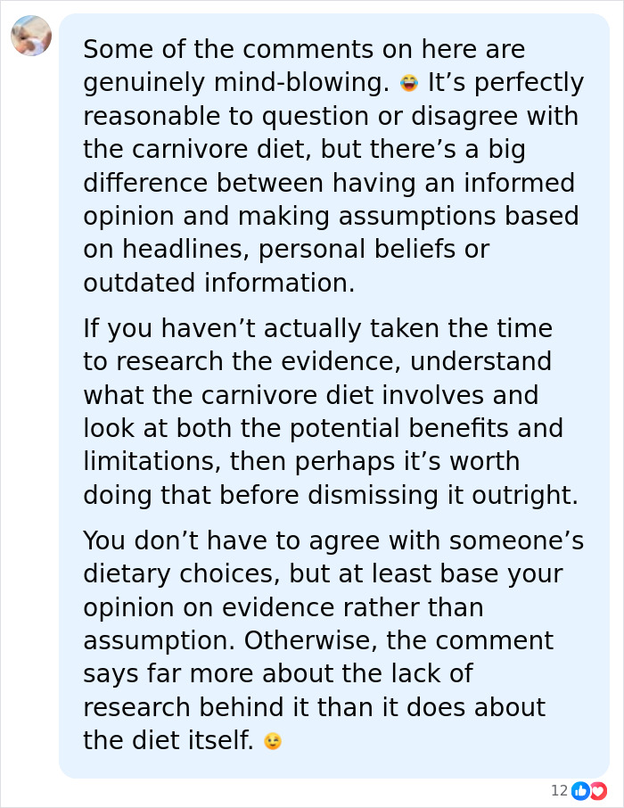Social media comment advocating for informed opinions and research on the carnivore diet benefits and risks. Social media comment advocating for informed opinions and research on the carnivore diet benefits and risks.