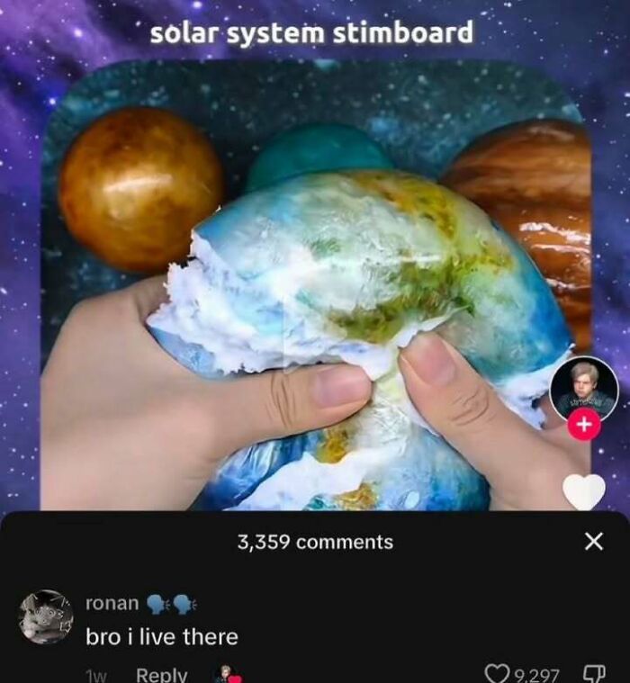Hands squeezing a globe stress ball with a comment that makes day a little less boring.