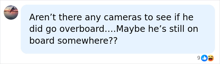 Comment wondering about camera footage and if the California father who jumped from cruise ship is still on board.