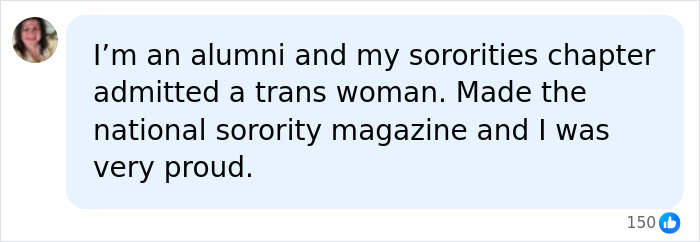 Online comment from an alumni supporting the inclusion of a trans woman in her sorority.