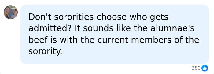 Social media comment questioning the admission rules for sorority sisters and national leadership.