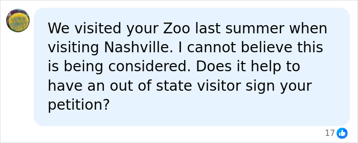 A visitor's comment expressing disbelief about the proposed AI infrastructure near Nashville Zoo and asking about petition signing.