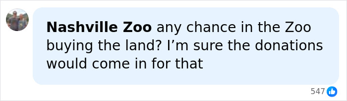 A social media comment asking if the Nashville Zoo could buy land to protect endangered animals from AI infrastructure.