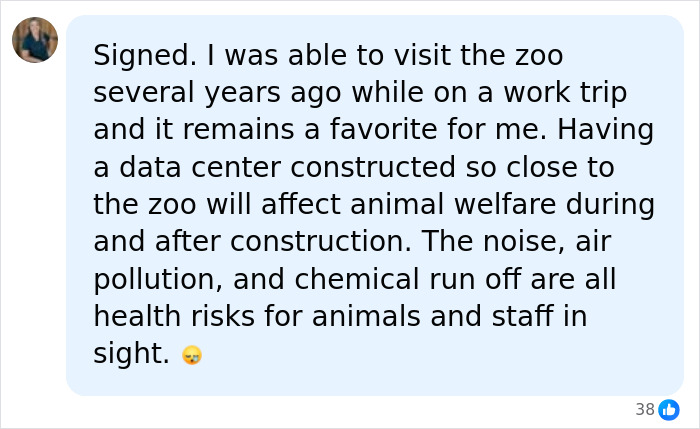 A comment about the AI infrastructure affecting endangered animals at Nashville Zoo due to noise, pollution, and chemical runoff.