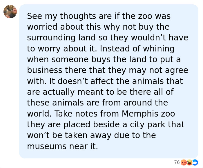 A social media comment asking why Nashville Zoo did not buy surrounding land to protect endangered animals from AI infrastructure.