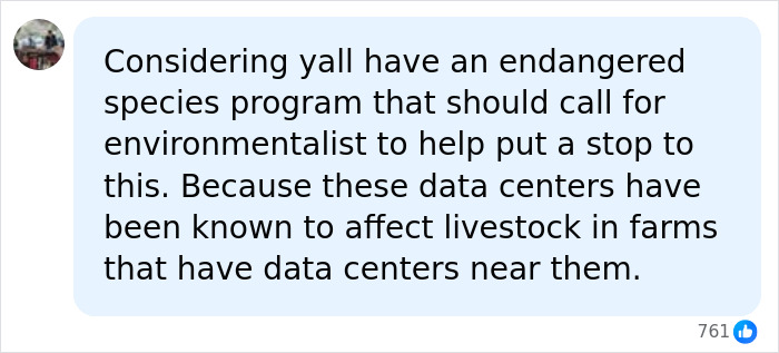 A social media comment discussing the Nashville Zoo's endangered species program and environmental concerns about AI infrastructure.