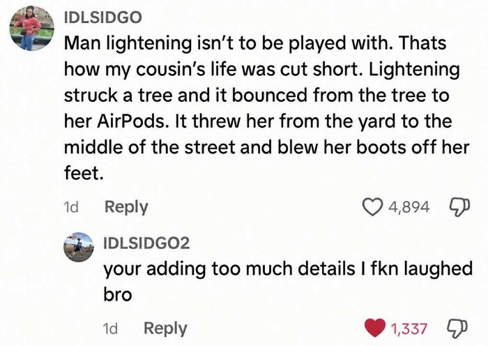 A funny comment thread about a lightning strike story, perfect for edgy and hilarious memes.