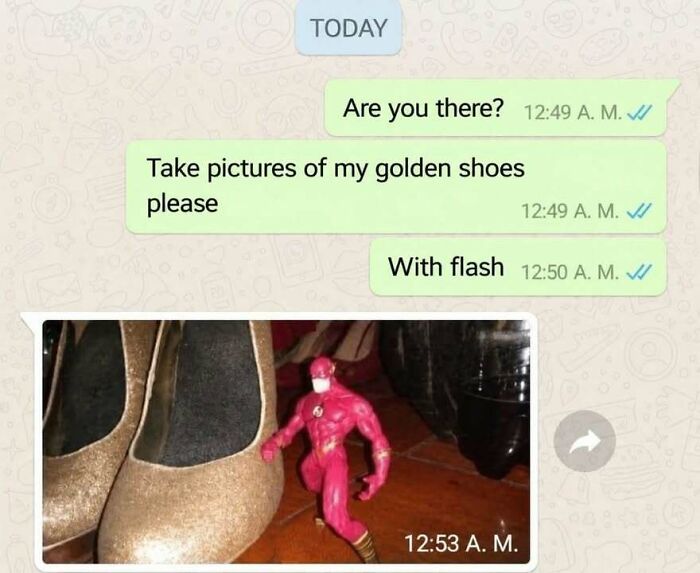 Funny WhatsApp chat meme showing high heel shoes with a toy figurine of the superhero Flash next to them.