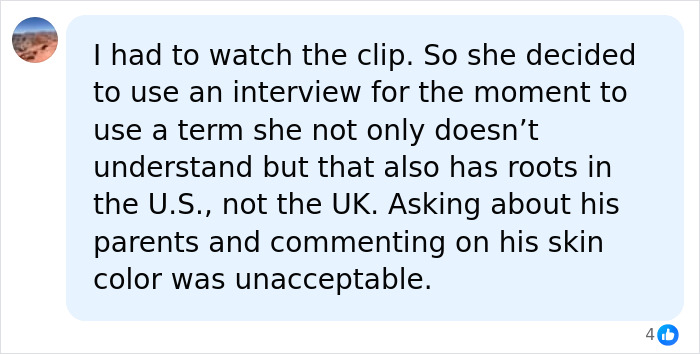 A social media comment about a Harry Potter star's appalling remark about a show host's skin during an interview. A social media comment about a Harry Potter star's appalling remark about a show host's skin during an interview.