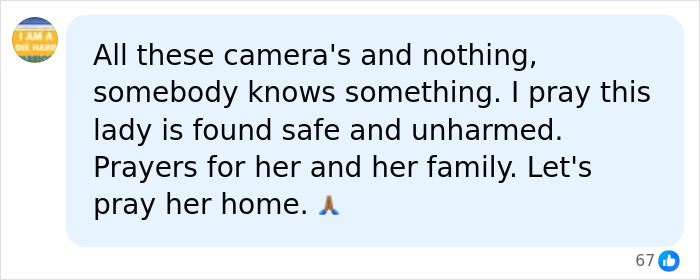 Comment praying for missing wife to be found safe and unharmed