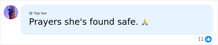 Comment expressing prayers for wife to be found safe in missing person case