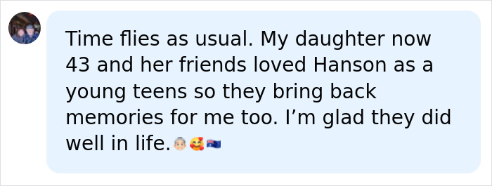 Comment mentioning Hanson fans and memories from their youth